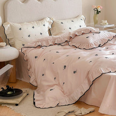 Ihomed Princess Style Embroidered Roses Bedding Set 300TC Cotton Bed Sheet Pillowcase Duvet Cover with Ruffles Queen King Size 4pcs