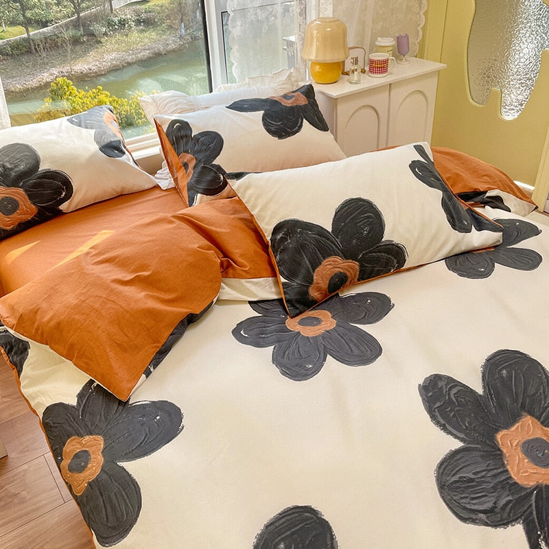 Ihomed AB double-sided florals print 100% cotton Bedding Set queen soft skin friendly duvet cover set with flat sheets quilt cover sets