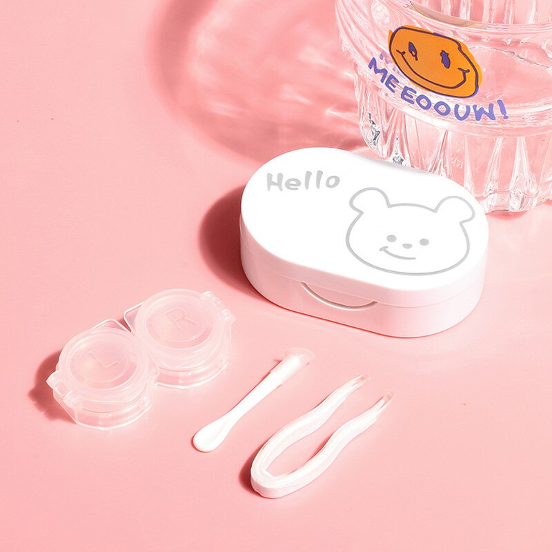 Ihomed 1pc Contact Lens Care Companion Case with Mirror Cute Solid Color Portable Round Box Cosmetic Contact Lenses Storage Case