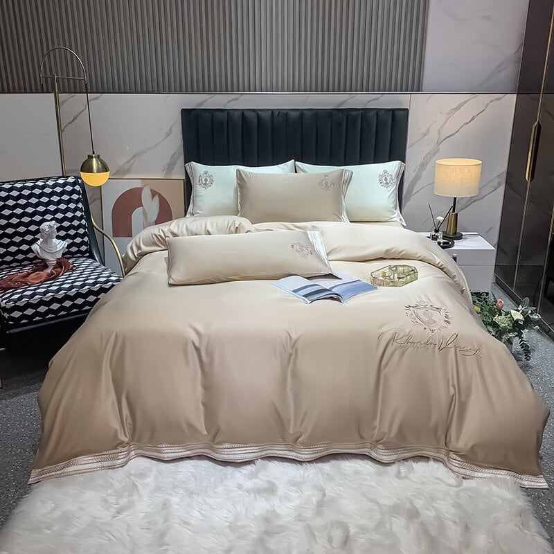 Ihomed Luxury Satin Silky Embroidery Bedding Set Soft Smooth Double Duvet Cover Set Bed Linen Fitted Sheet Pillowcases Home Textiles