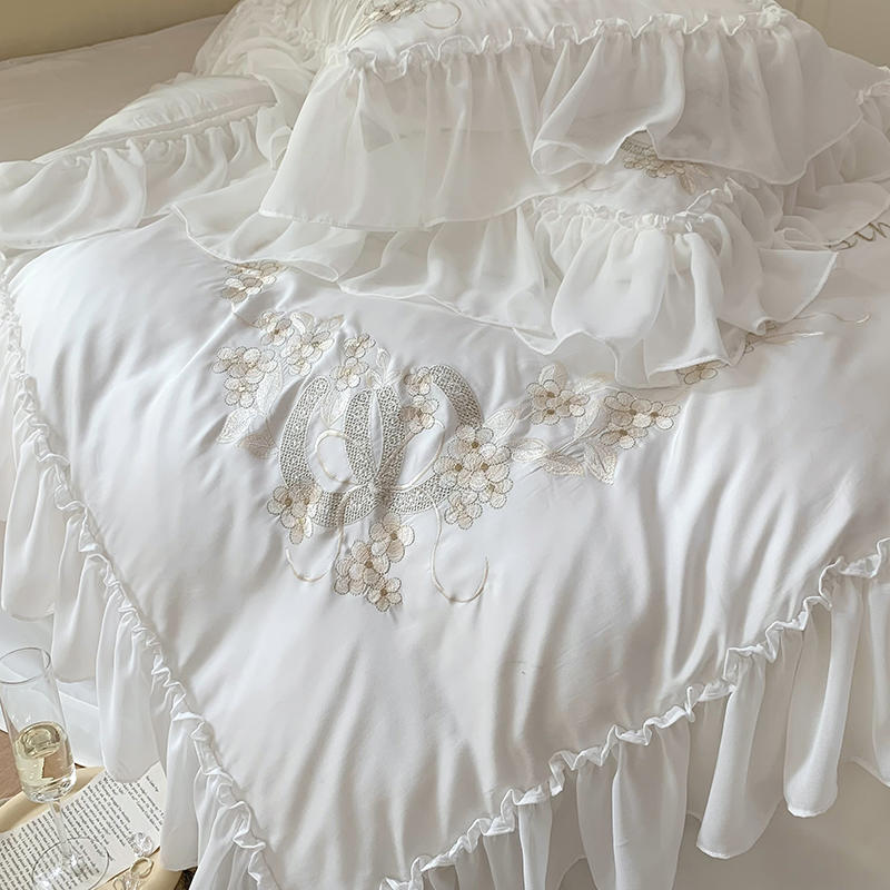 Ihomed Luxury Embroiderd Snow White Lace Bedding Set 4pcs 100% Cotton Korean Princess Wedding Duvet Cover Bed Sheet Linen Pillowcases