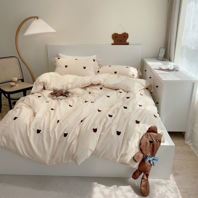 Ihomed Cute Cartoon Brown Bear Embroidery Bedding Set Soft Breathable 400TC Washed Cotton Duvet Cover Quilt Cover Bed Linen Pillowcases