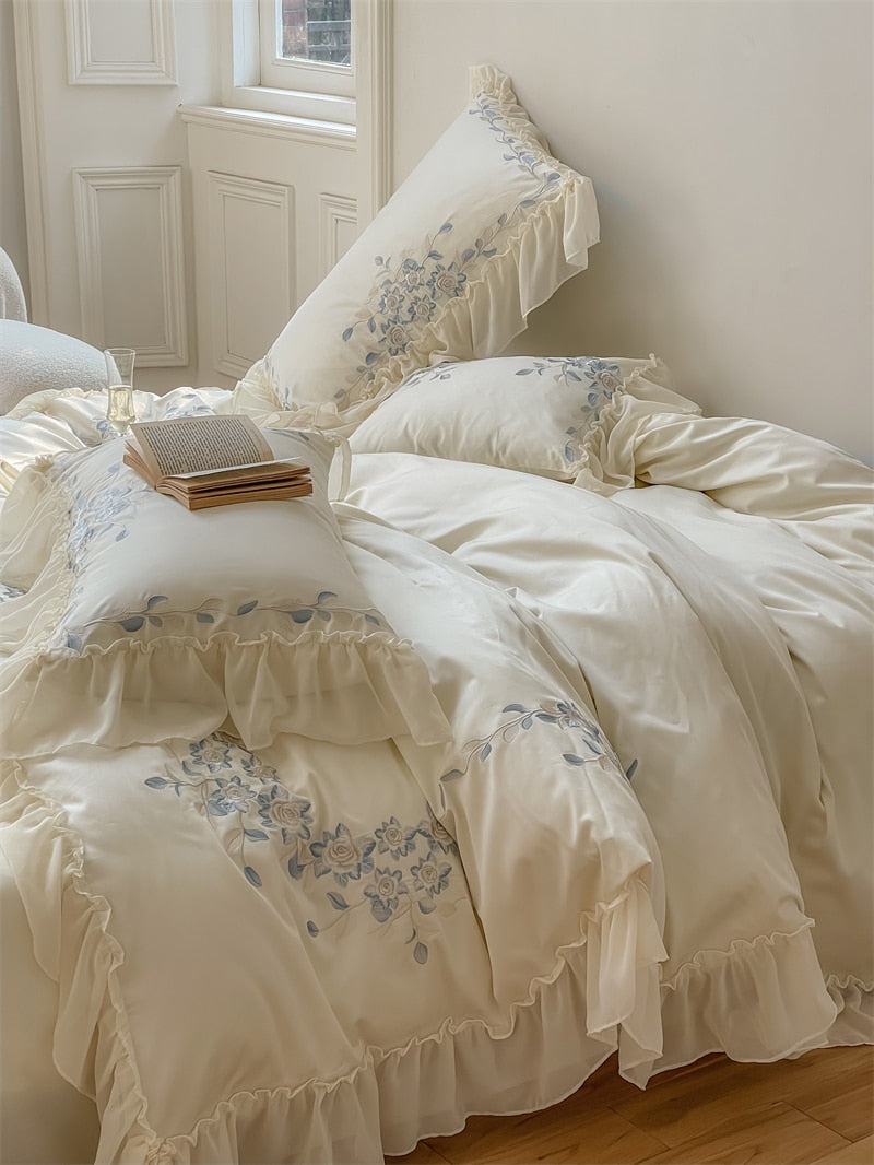 Ihomed Blue Flowers Embroidery Princess 4Pcs Bedding Set 1000TC Egyptian Cotton Lace Edge Quilt Duvet Cover Set Bed Linen Pillow Shams