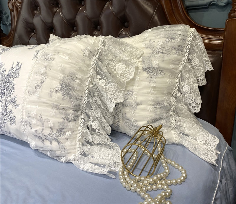 Ihomed French Vintage Rural Floral Princess Bed Skirt Bedding Set Romantic White Lace Edge 400TC Cotton Quilt/Duvet Cover Set Pillowcas