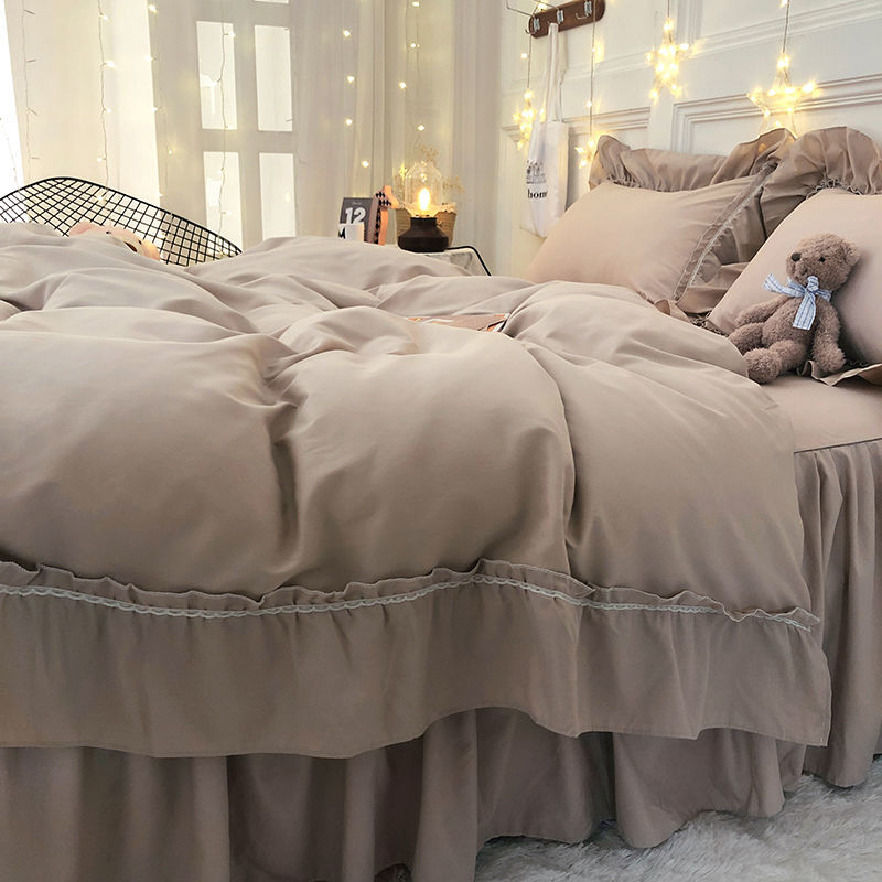 Ihomed Bedding simple princess wind bed skirt four-piece lace solid color duvet cover bed sheet bedroom dormitory