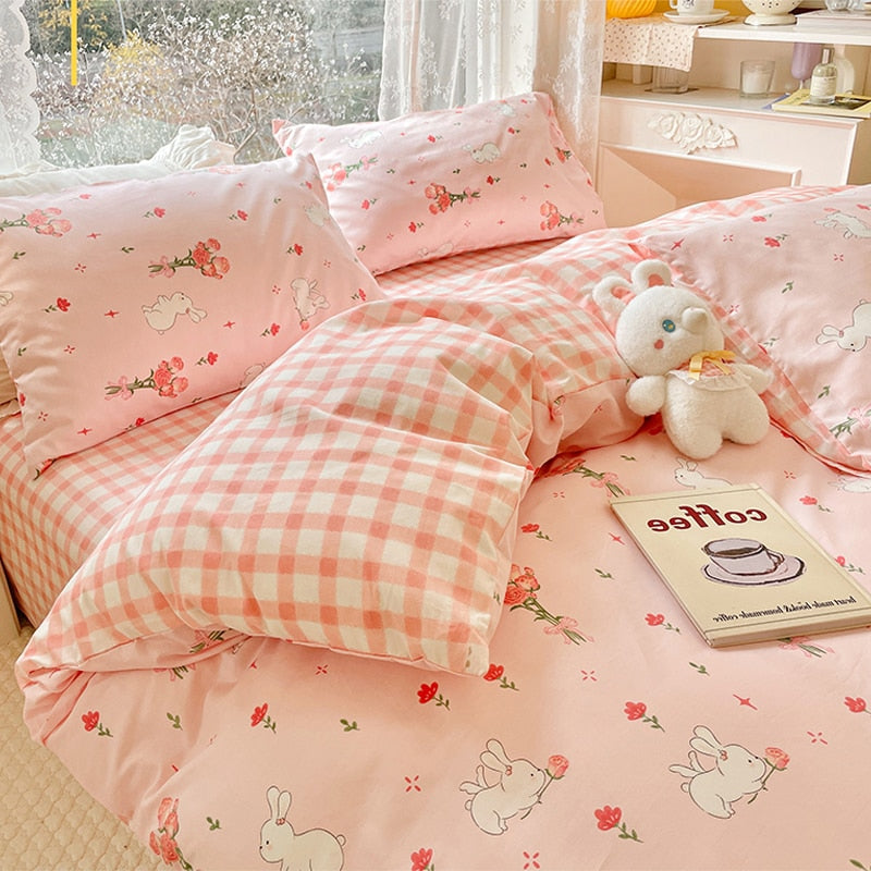 Ihomed Cute Animals Flower Bedding Set For Double Bed 100 Cotton Twin Full Queen Size Bedding Couple Fitted Bed Sheet Duvet Cover Set