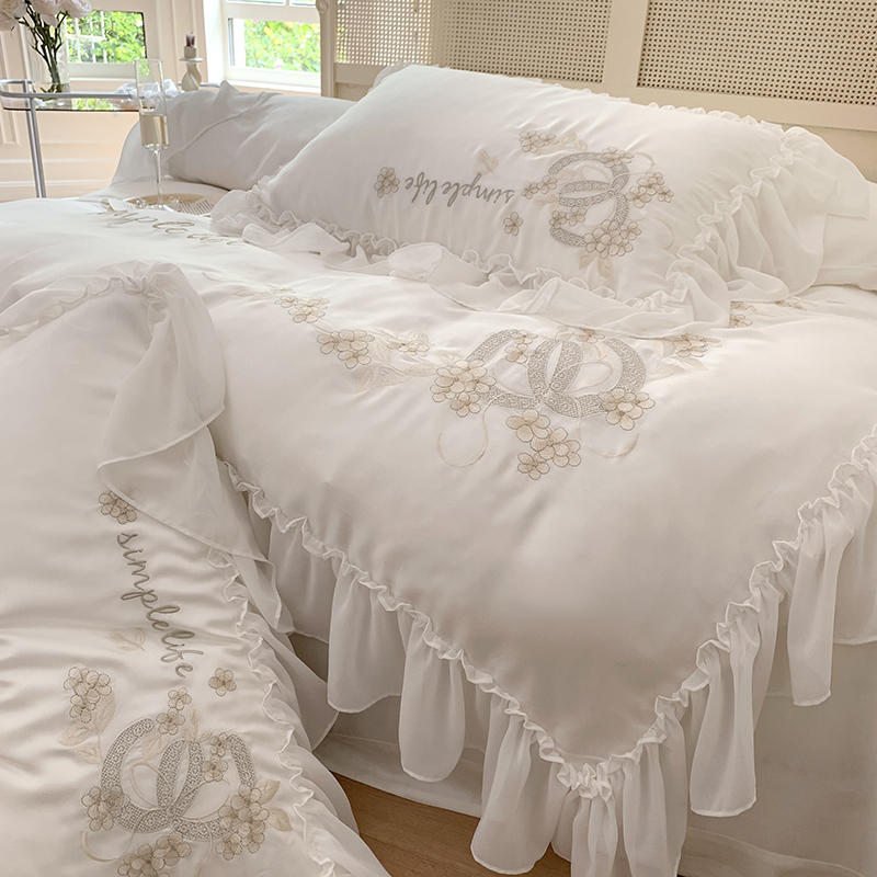 Ihomed Luxury Embroiderd Snow White Lace Bedding Set 4pcs 100% Cotton Korean Princess Wedding Duvet Cover Bed Sheet Linen Pillowcases