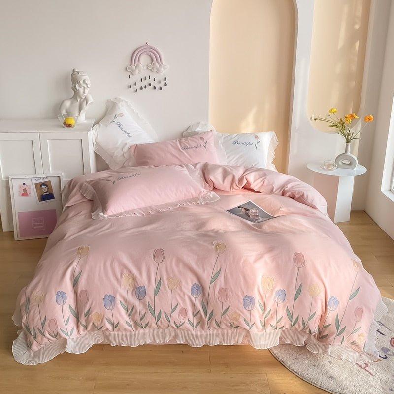 Ihomed Tulip Embroidery Girl Bedding Set 100% Washed Cotton Lace Ruffles Flower Quilt/Duvet Cover Set Bed Linen Fitted Sheet Pillowcase