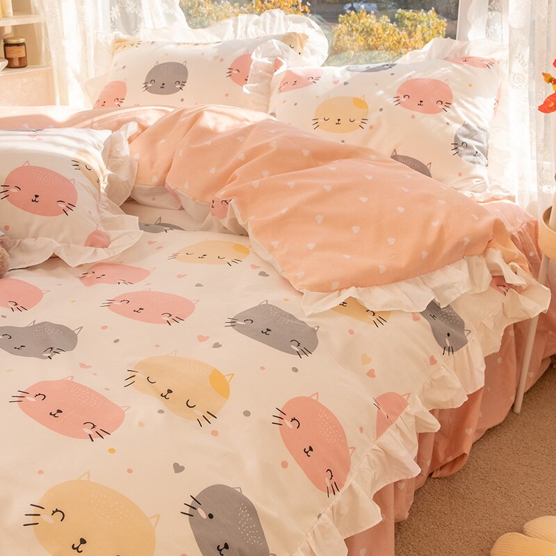 Ihomed Kawaii Strawberry Bedding Set 100% Cotton Twin Full Queen Size Duvet Cover Bed Skirt Fitted Bed Sheet Pillowcases For Girl Kids