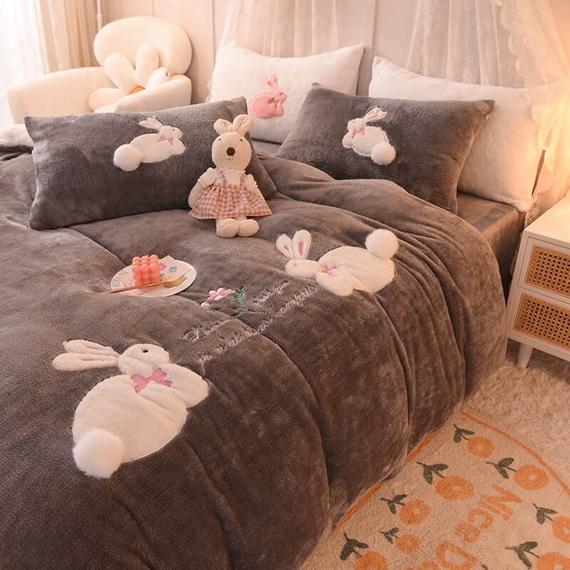 Ihomed Luxury Shaggy Velvet + Berber Fleece Princess Girl Bedding Set Rabbit Embroidery Short Plush Duvet Cover Quilt Cover Bed Linen