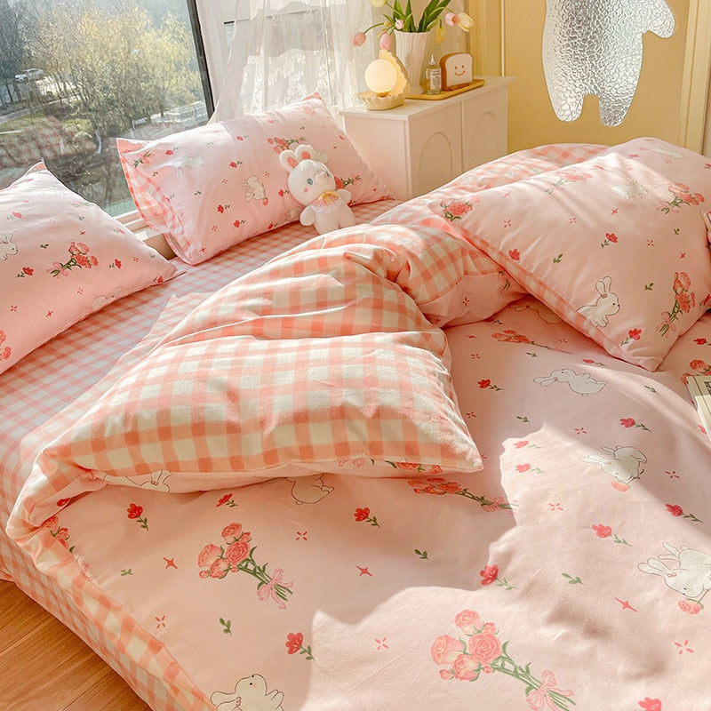 Ihomed AB double-sided florals print 100% cotton Bedding Set queen soft skin friendly duvet cover set with flat sheets quilt cover sets