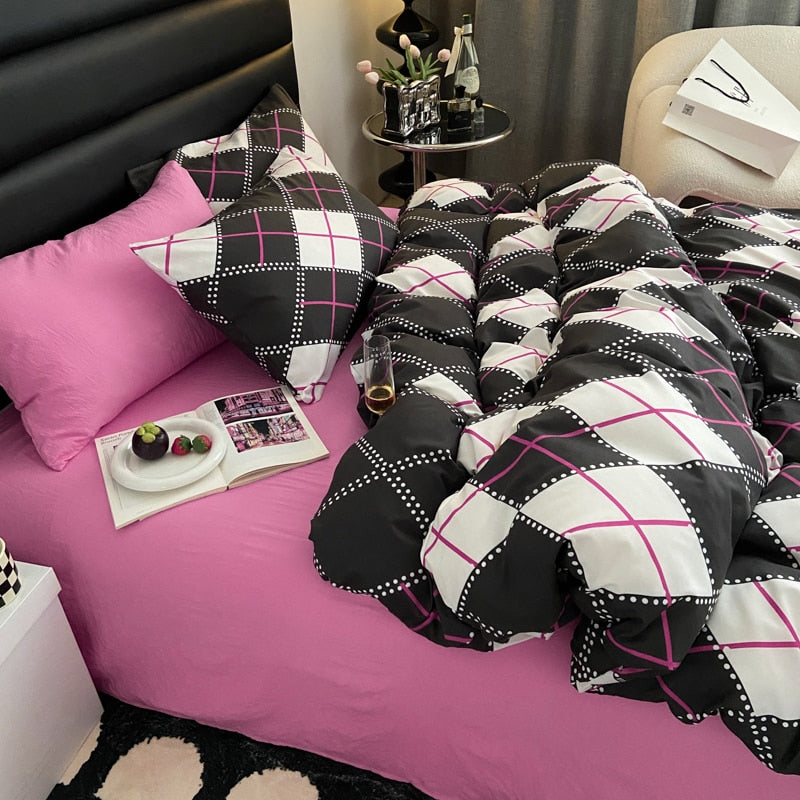 Ihomed Fashion Style Pink,Black 4pcs Bedding Set Luxury Pure Cotton Soft Duvet Cover Comforter Pillowcases Bed Flat Sheet Set for Girl