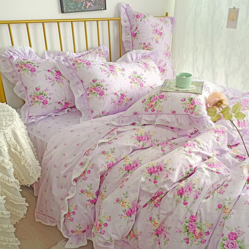 Ihomed 4/6Pcs100%Cotton Bedding Set Vintage Elegant Flowers Duvet cover  with Ruffle soft comfy bed sheet pillowcases Double Queen King