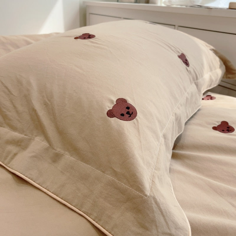 Ihomed Cute Cartoon Brown Bear Embroidery Bedding Set Soft Breathable 400TC Washed Cotton Duvet Cover Quilt Cover Bed Linen Pillowcases