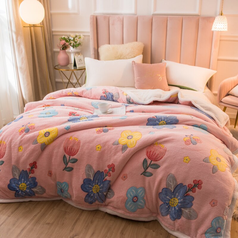 Ihomed 220x230cm 220x240cm Thicken Warm Winter Duvet Cover Lovely Flower Animal Printed Fleece Quilt Cover 1pc Bedding Comforter Case