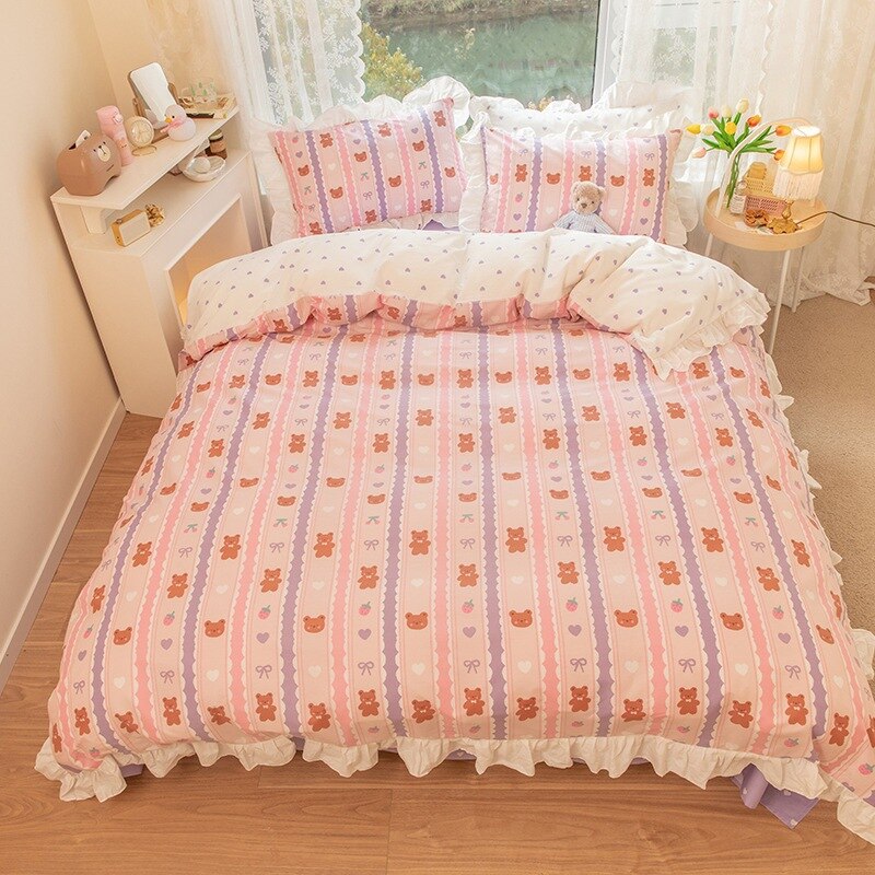 Ihomed Kawaii Strawberry Bedding Set 100% Cotton Twin Full Queen Size Duvet Cover Bed Skirt Fitted Bed Sheet Pillowcases For Girl Kids