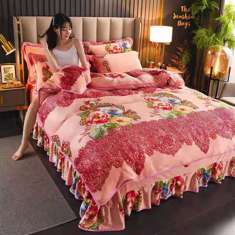 Ihomed 4pcs Set Winter Warm Thicken Short Plush Bedding Set Printing Flannel Duvet Cover Flat Sheet Pillowcase King Queen Bedding Set