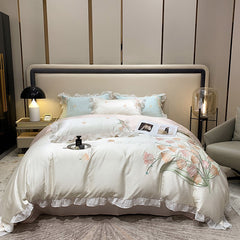 Ihomed Smooth Soft Ice Silk Lace Ruffles Princess Bedding Set Flower Embroidery Quilt Cover Set Bed Linen Pillow Shams Girl  Bedclothes