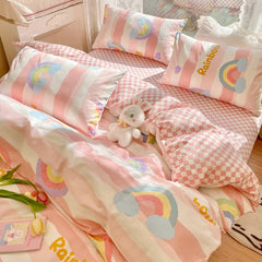 Ihomed Cute Moon Bedding Set For Girl Kawaii Heats Flower Cotton Twin Full Queen Size Bedding Double Fitted Bed Sheet Quilt Duvet Cover