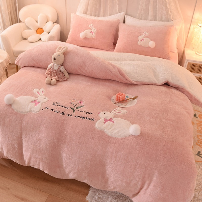 Ihomed Luxury Shaggy Velvet + Berber Fleece Princess Girl Bedding Set Rabbit Embroidery Short Plush Duvet Cover Quilt Cover Bed Linen