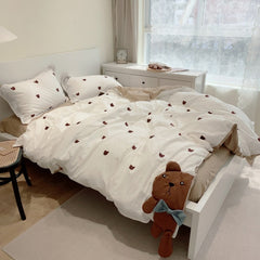 Ihomed Cute Cartoon Brown Bear Embroidery Bedding Set Soft Breathable 400TC Washed Cotton Duvet Cover Quilt Cover Bed Linen Pillowcases