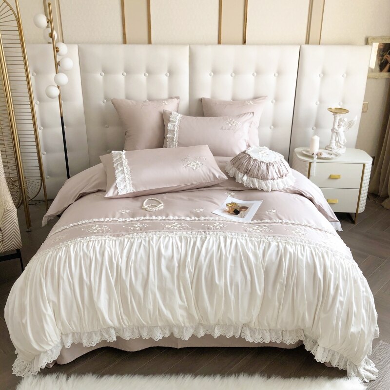 Ihomed French Romance Vintage Princess Flowers Embroidery Egyptian Cotton Bedding Set Lace Ruffles Quilt Cover Bed Linen Pillowcases