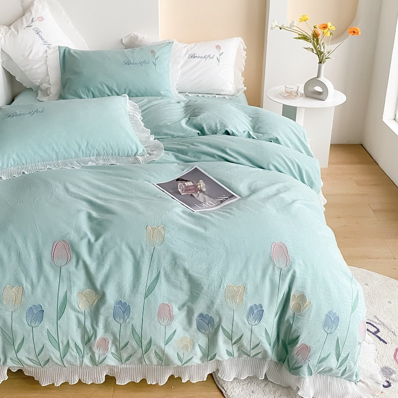 Ihomed Tulip Embroidery Girl Bedding Set 100% Washed Cotton Lace Ruffles Flower Quilt/Duvet Cover Set Bed Linen Fitted Sheet Pillowcase