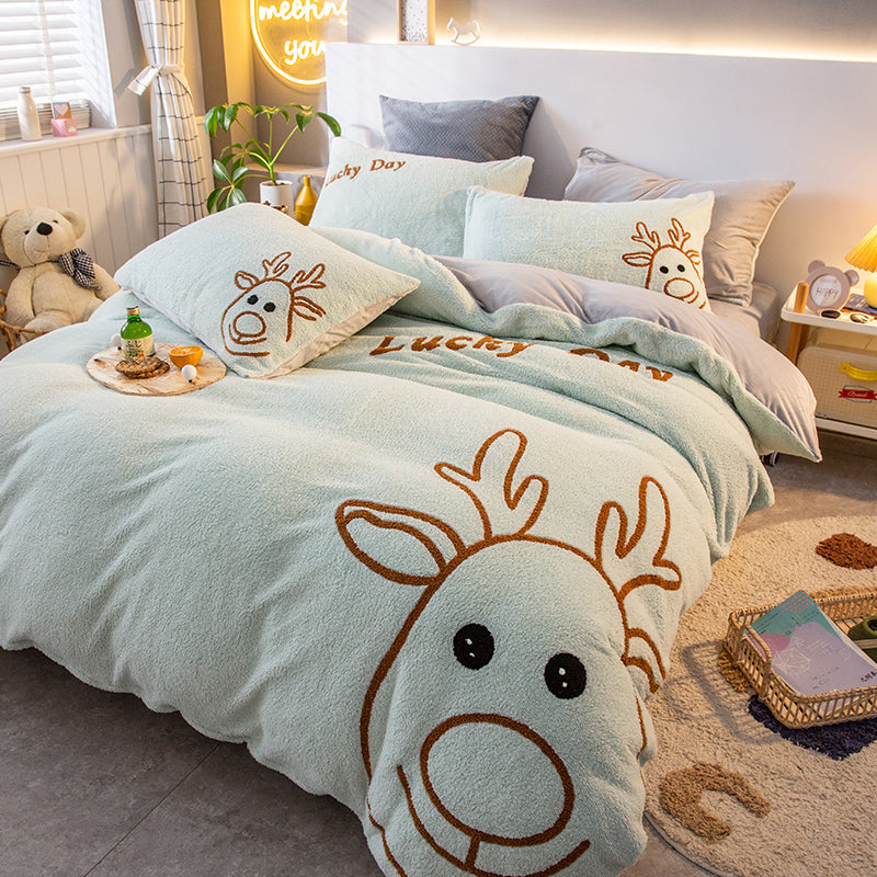 Ihomed Soft Warm Cosy Flannel Velvet Fleece Cartoon Bear Embroidery Child Bedding Set Duvet Cover Flat/Fitted Sheet Pillowcases