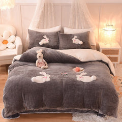 Ihomed Luxury Shaggy Velvet + Berber Fleece Princess Girl Bedding Set Rabbit Embroidery Short Plush Duvet Cover Quilt Cover Bed Linen