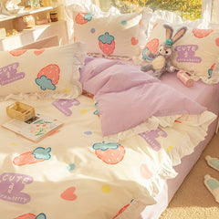 Ihomed Kawaii Strawberry Bedding Set 100% Cotton Twin Full Queen Size Duvet Cover Bed Skirt Fitted Bed Sheet Pillowcases For Girl Kids