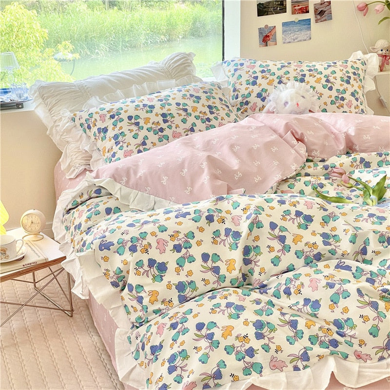 Ihomed Kawaii Peach Bedding Set For Home Cotton Twin Full Queen Size Strawberry Bear Cute Fitted Bed Sheet Pillowcases Duvet Cover