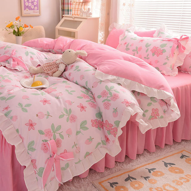 Ihomed Pastoral Style Bedding Set Cotton 3/4pcs Floral Duvet Cover with Pillowcases Cute Flowers Bed Skirtwith Zipper Quilt Cover