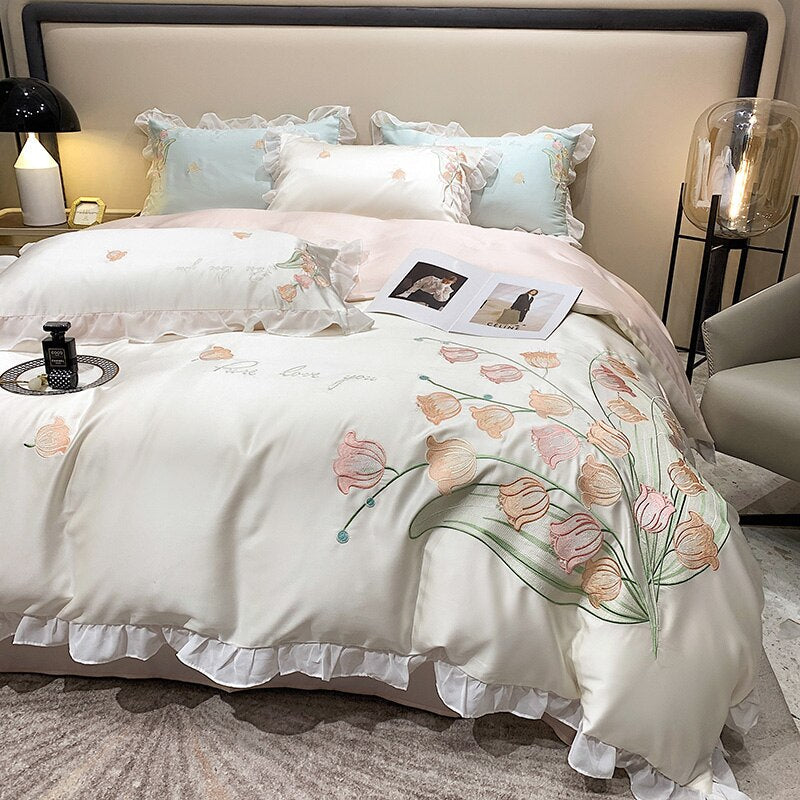 Ihomed Smooth Soft Ice Silk Lace Ruffles Princess Bedding Set Flower Embroidery Quilt Cover Set Bed Linen Pillow Shams Girl  Bedclothes