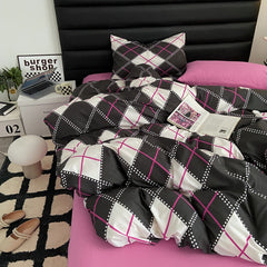 Ihomed Fashion Style Pink,Black 4pcs Bedding Set Luxury Pure Cotton Soft Duvet Cover Comforter Pillowcases Bed Flat Sheet Set for Girl