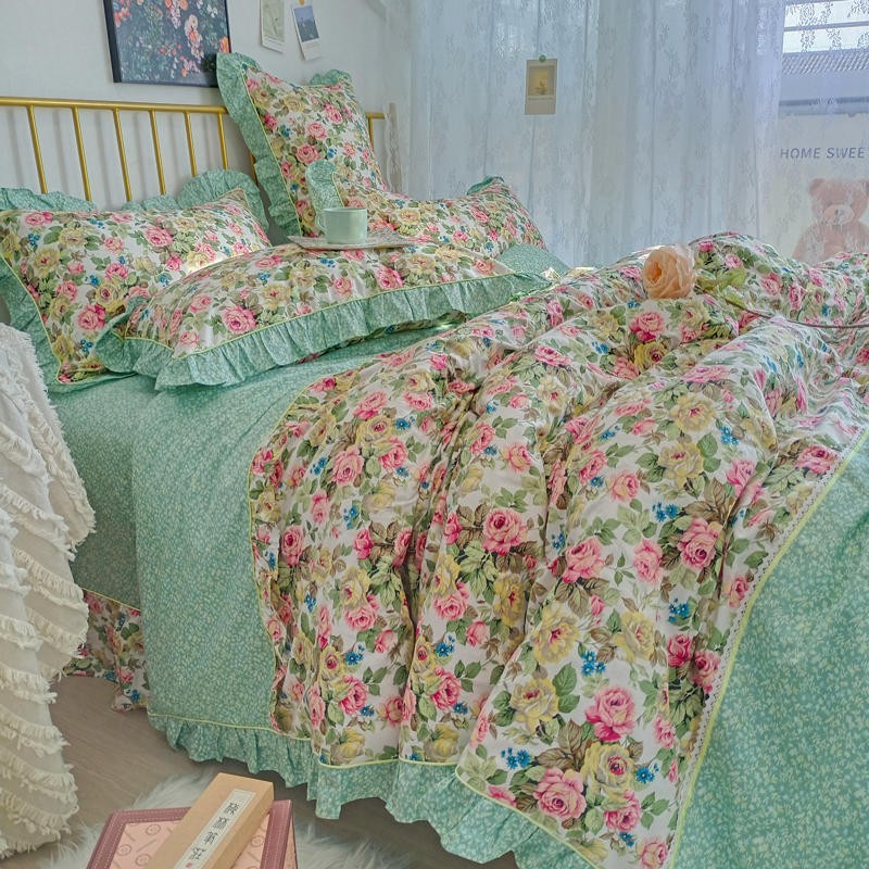 Ihomed 4/6Pcs100%Cotton Bedding Set Vintage Elegant Flowers Duvet cover  with Ruffle soft comfy bed sheet pillowcases Double Queen King