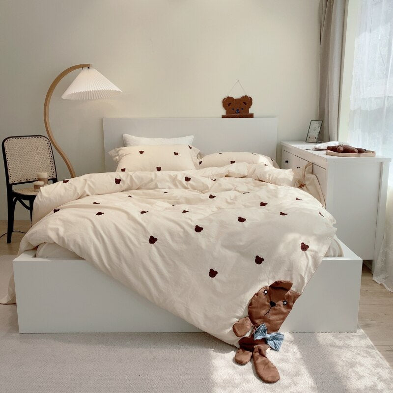 Ihomed Cute Cartoon Brown Bear Embroidery Bedding Set Soft Breathable 400TC Washed Cotton Duvet Cover Quilt Cover Bed Linen Pillowcases