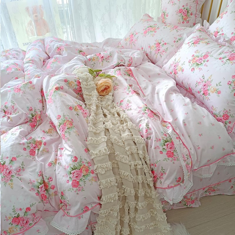 Ihomed 4/6Pcs100%Cotton Bedding Set Vintage Elegant Flowers Duvet cover  with Ruffle soft comfy bed sheet pillowcases Double Queen King