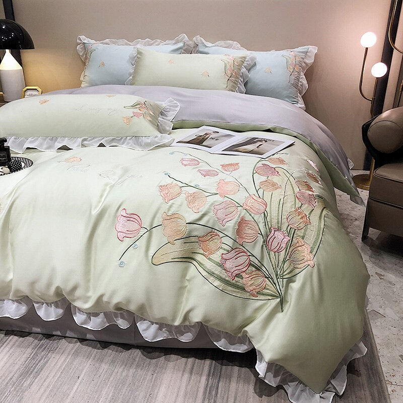 Ihomed Smooth Soft Ice Silk Lace Ruffles Princess Bedding Set Flower Embroidery Quilt Cover Set Bed Linen Pillow Shams Girl  Bedclothes