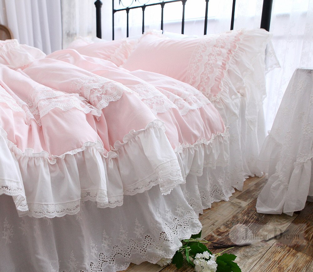 Ihomed romantic bedding set queen Franch style duvet cover set pink elegant lace ruffle cotton home bedding set designer bedding