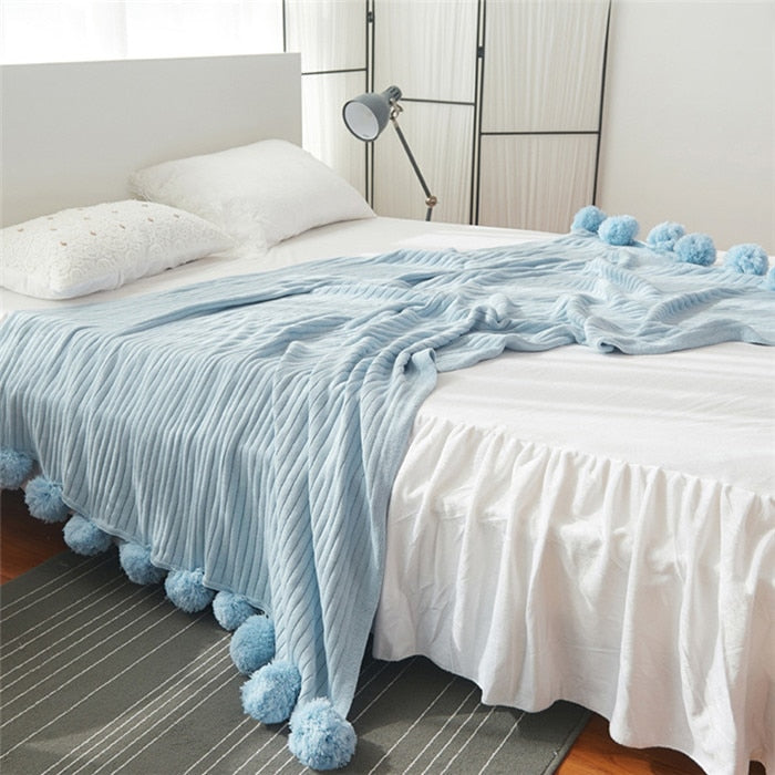 Ihomed Soft Solid Color With Ball Blanket For Beds Sofa100% Cotton Bedding Warm and Lovely Nap Bedspread