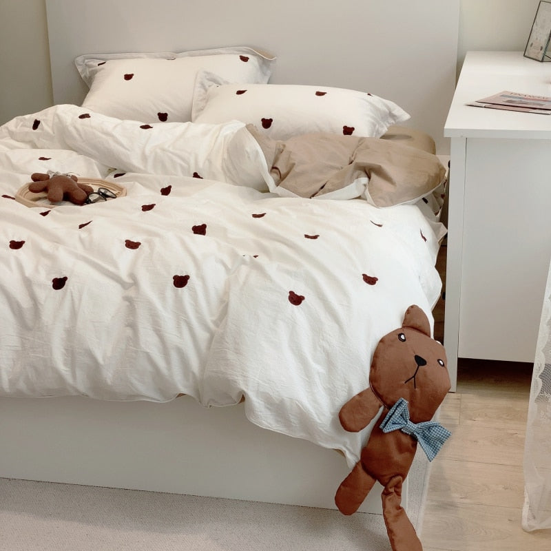 Ihomed Cute Cartoon Brown Bear Embroidery Bedding Set Soft Breathable 400TC Washed Cotton Duvet Cover Quilt Cover Bed Linen Pillowcases