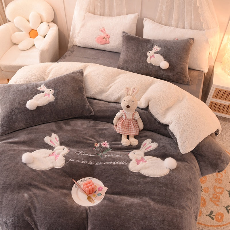 Ihomed Luxury Shaggy Velvet + Berber Fleece Princess Girl Bedding Set Rabbit Embroidery Short Plush Duvet Cover Quilt Cover Bed Linen