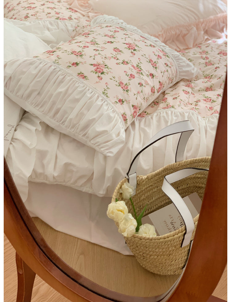 Ihomed Romantic Vintage Floral Cotton Four-Piece Set Princess Pure Cotton Quilt Cover French Bedding