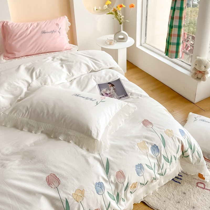 Ihomed Tulip Embroidery Girl Bedding Set 100% Washed Cotton Lace Ruffles Flower Quilt/Duvet Cover Set Bed Linen Fitted Sheet Pillowcase