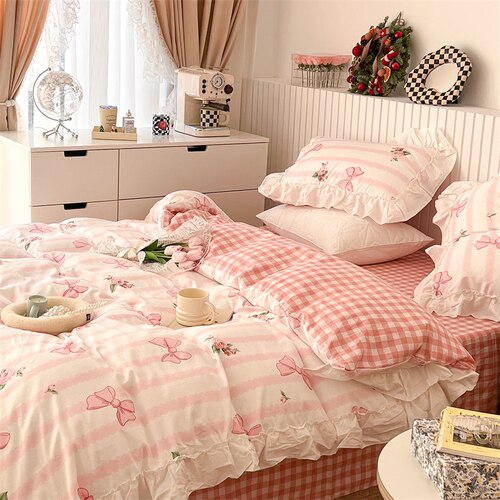 Ihomed 100% Cottom queen bedding set Romantic printed rose ruffle pink bedding set princess home textile linen bed sheet set twin size