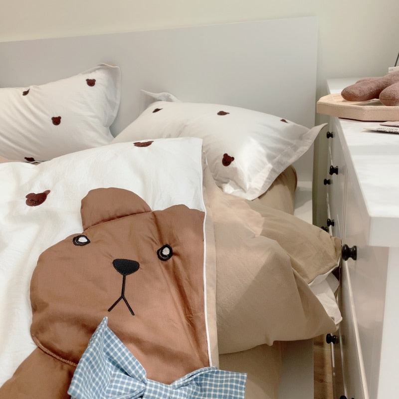 Ihomed Cute Cartoon Brown Bear Embroidery Bedding Set Soft Breathable 400TC Washed Cotton Duvet Cover Quilt Cover Bed Linen Pillowcases