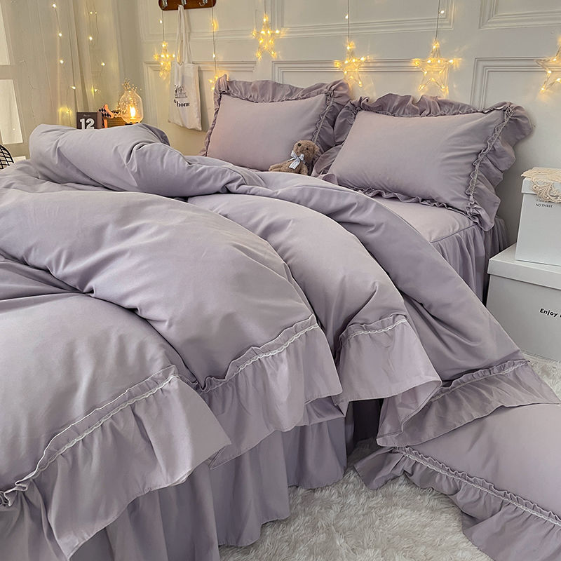 Ihomed Bedding simple princess wind bed skirt four-piece lace solid color duvet cover bed sheet bedroom dormitory