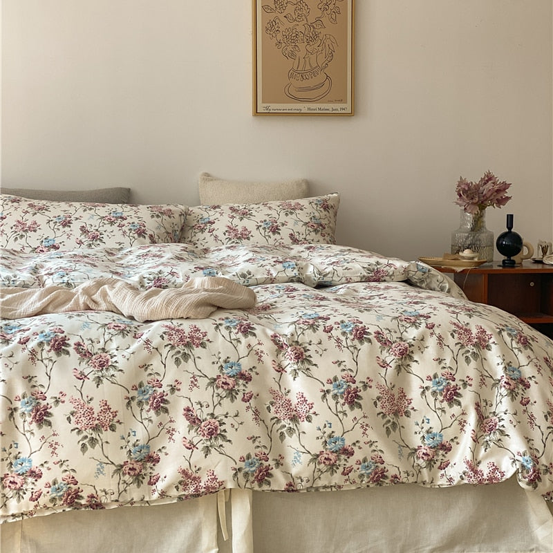 Ihomed 100% Natural Cotton Vintage Pastoral Flowers Girl Bedding Set Single Double Queen King Quilt/Duvet Cover Bed Linen Pillowcases