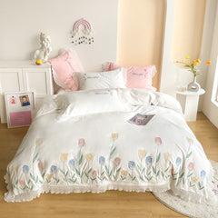 Ihomed Tulip Embroidery Girl Bedding Set 100% Washed Cotton Lace Ruffles Flower Quilt/Duvet Cover Set Bed Linen Fitted Sheet Pillowcase