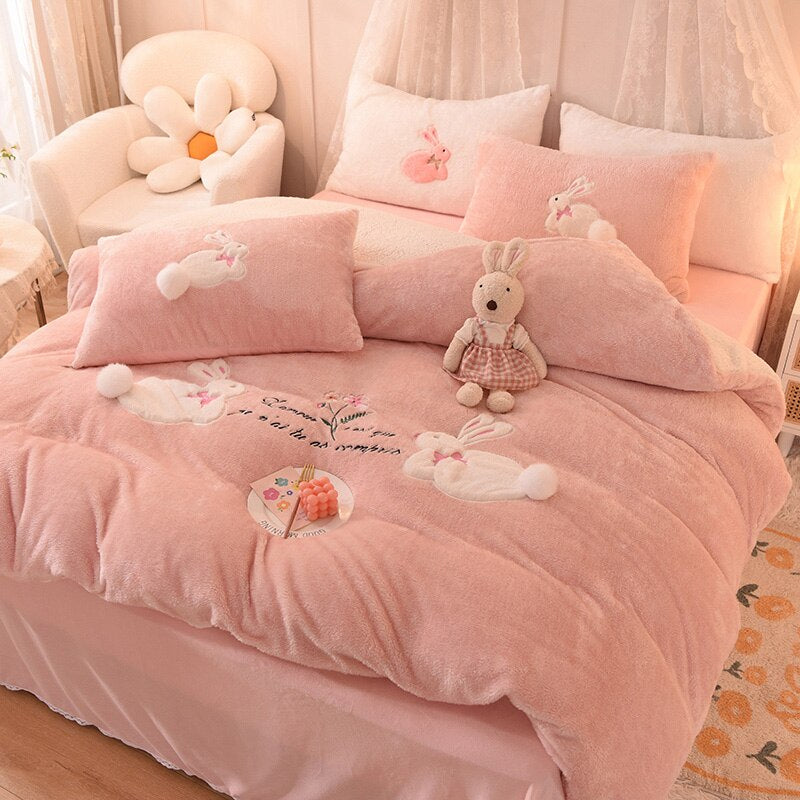 Ihomed Luxury Shaggy Velvet + Berber Fleece Princess Girl Bedding Set Rabbit Embroidery Short Plush Duvet Cover Quilt Cover Bed Linen